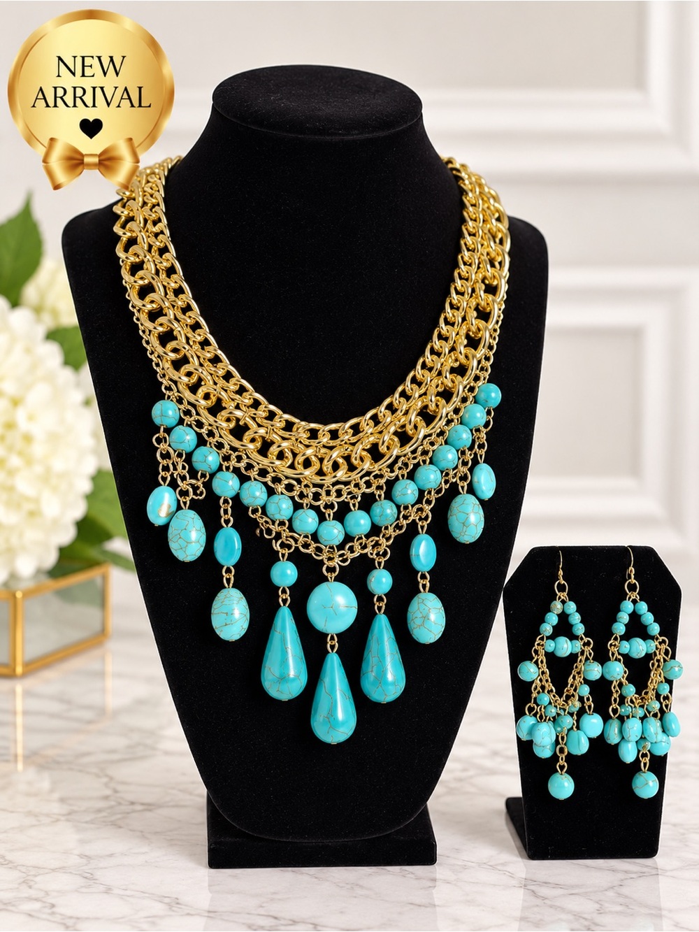 🩵 Cache Turquoise & Gold-Tone Statement Necklace + Earrings  🩵
